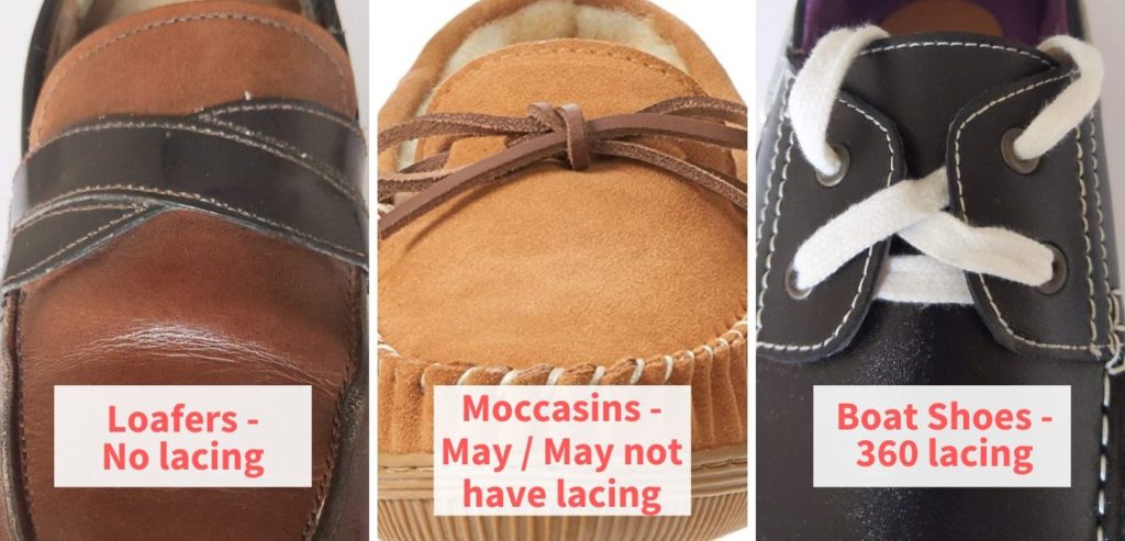Lacing style between loafers, moccasins and boat shoes